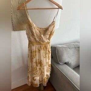 Vintage Babydoll Fairy Y2K Silk Beige Gold Midi Dress Size 2